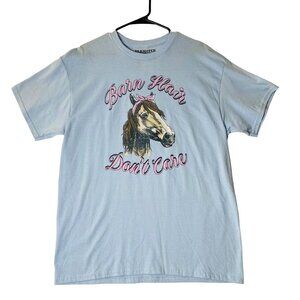 NEW Farm Fed Clothing Women Light Blue Horse Barn Hair Don’t Care Tee T-Shirt XL